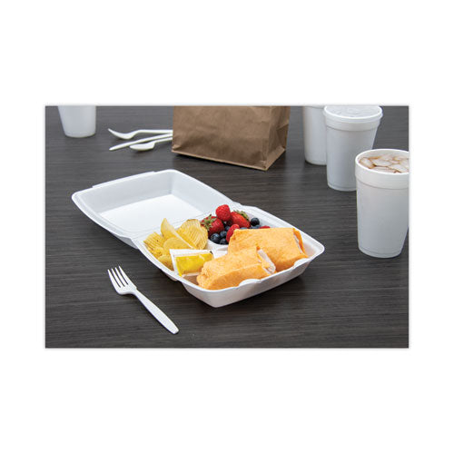 9x9.4x3 Dart Foam Hinged Lid Container, 3-Compartment, 8oz, White, 200/cs