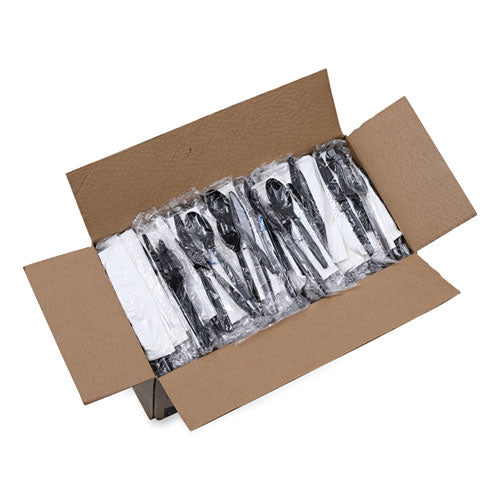 Boardwalk Six-Piece Cutlery Kit, Condiment/fork/knife/napkin/teaspoon, Black, 250/ct