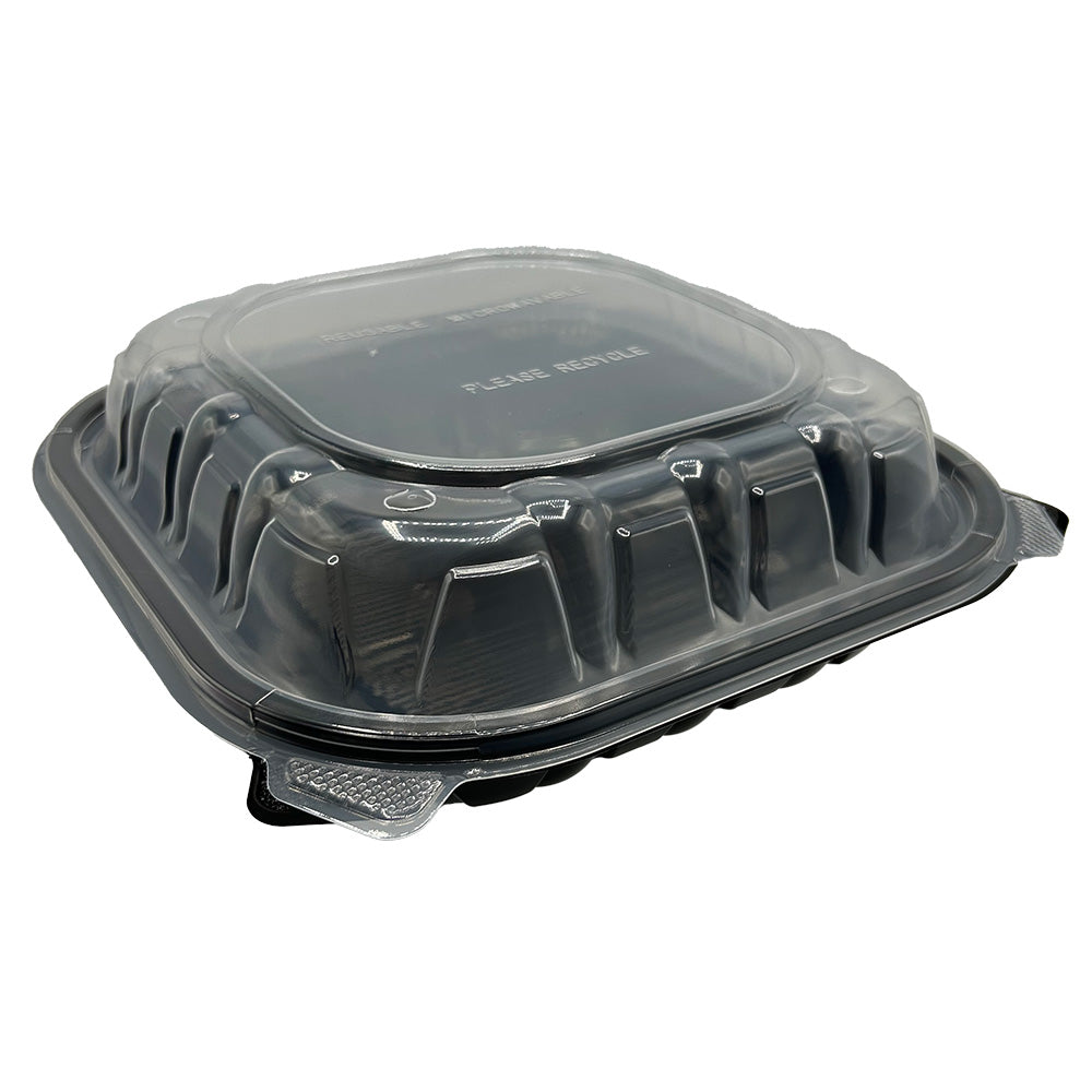 9x9 1 Comp PP Hinged Container Black/Clear Lid, Vented, Empress, 150/cs