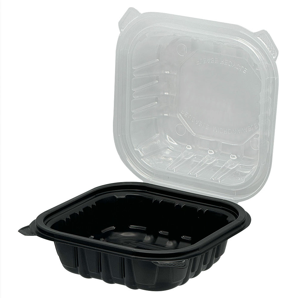 6x6 PP Hinged Container Black/Clear Lid, Vented, Empress, 300/cs