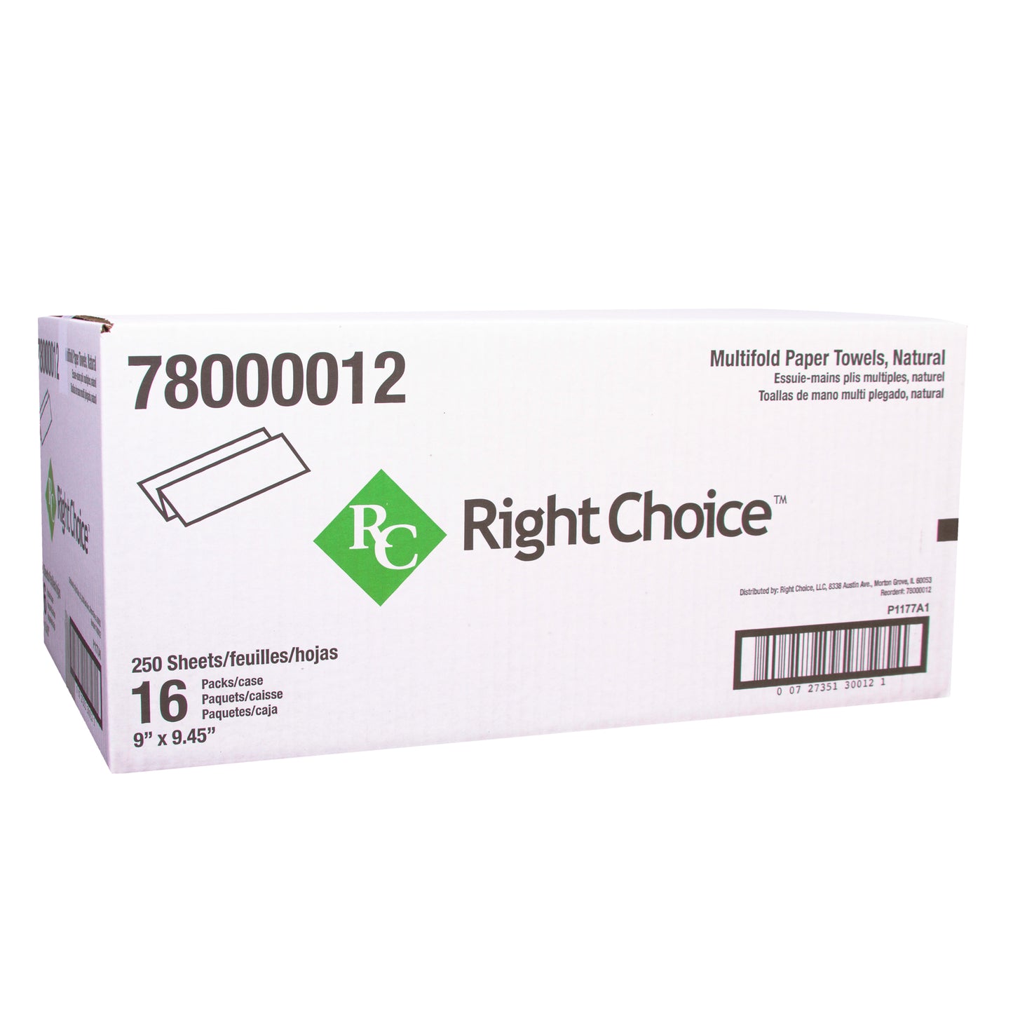 Right Choice Paper Multifold Towel 1-Ply 250-Sheets, Kraft, 9" x 9.45 16/250