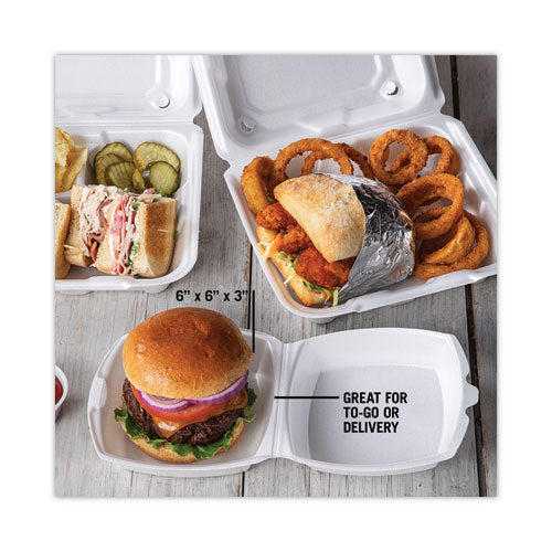 Foam Hinged Lid Container, Single Tab Lock, 6.38 x 6.38 x 3, White, 500/CS