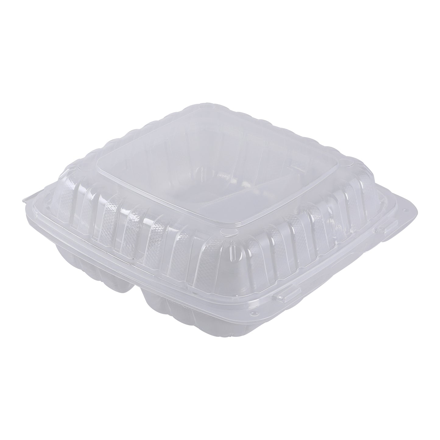 9x9 3 Compartment Empress PP Hinged Container Vented Clear 150/cs