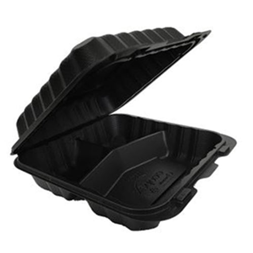 8x8x3 Black Hinged Takeout Container, 3 Compartment, 150/Case