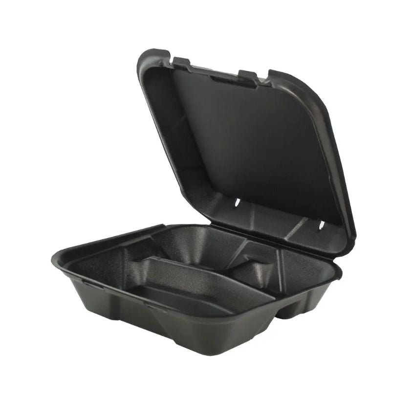 9x9x3 Snap-It Foam Hinged Container Large 3-Compartment 9-1/4 x 9-1/4 x 3 Black, 200/pk