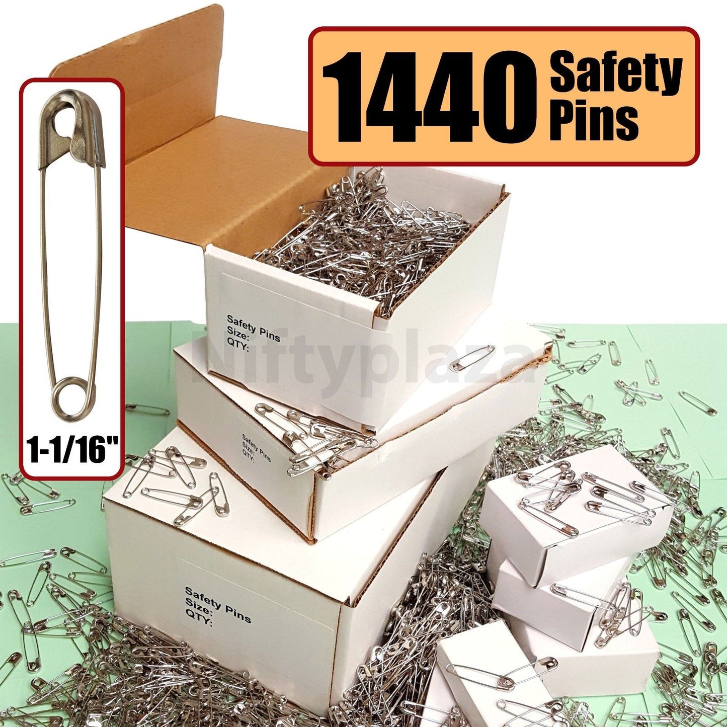1440 Safety Pins, Size 1-1/16 Inch, High Grade Steel Closed Position Nickel Pleated No Rust