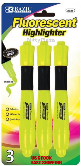 Bazic Fluorescent Highlighters Yellow Desk Style Chisel Tip w/ Cushion Grip (3/Pack) - Bright, vivid color provides maximum impact