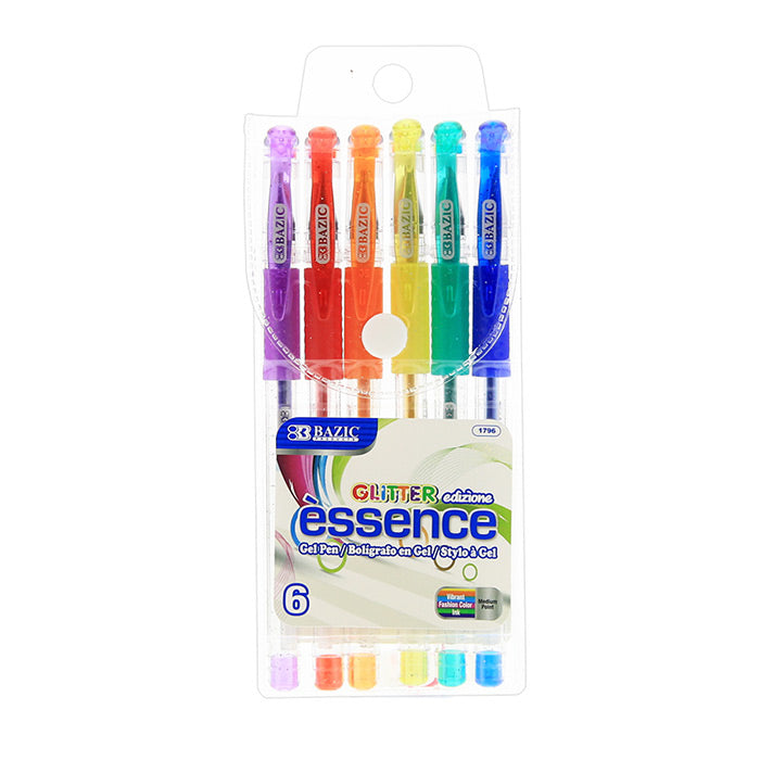 Bazic 6 Glitter Color Essence Gel Pen w/ Cushion Grip Smear-free ink flow for Superior Writing Quality