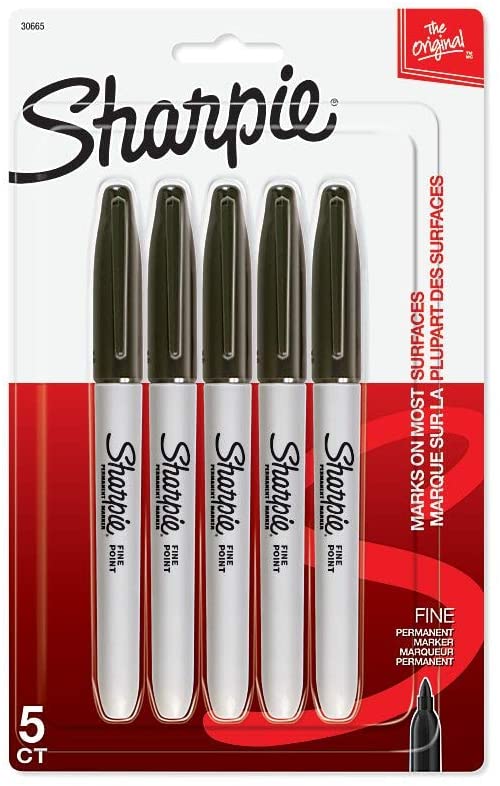 Sharpie Permanent Marker, Fine Point, Black, 5/PK