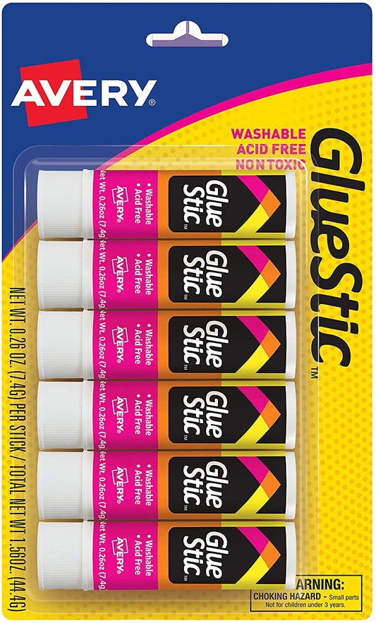 6 pcs Permanent Glue Stic Value Pack, 0.26 oz, Applies White, Dries Clear, Avery Glue Stick