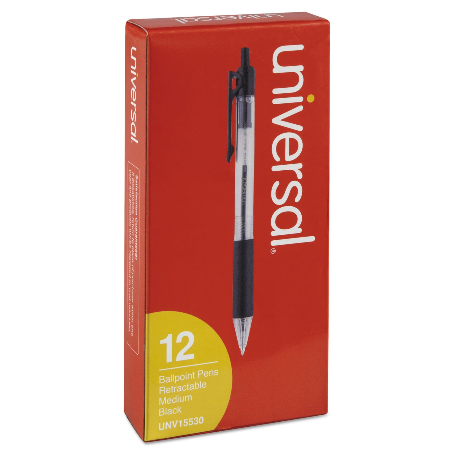 Universal 12 pcs Comfort Grip Retractable Ballpoint Pen, 1mm, Black Ink, Clear Barrel