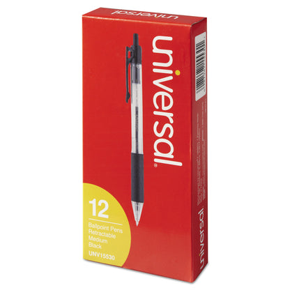 Universal 12 pcs Comfort Grip Retractable Ballpoint Pen, 1mm, Black Ink, Clear Barrel