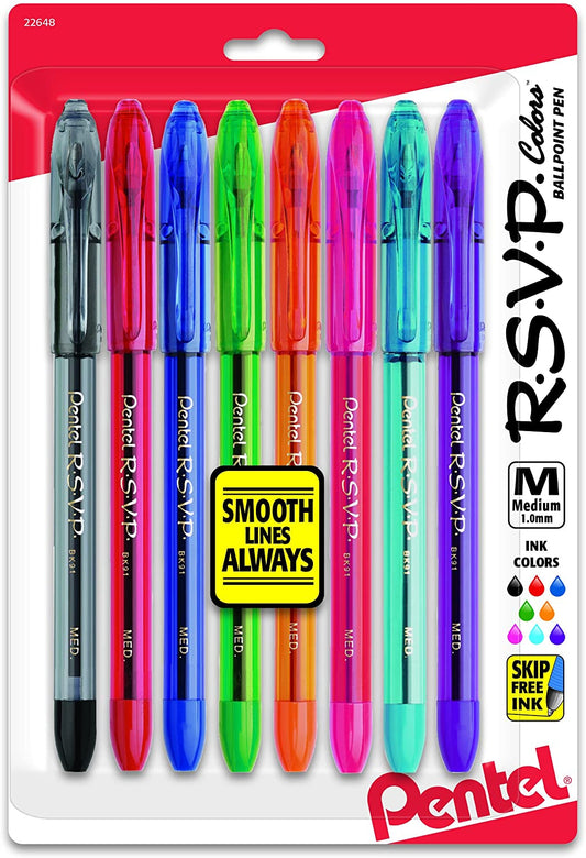 Pentel R.S.V.P. Ballpoint Pen, Medium Point, Assorted Vivid Ink Colors, 8 per Pack