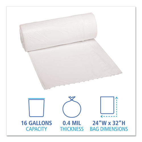 24x32 Boardwalk Low-Density Waste Can Liners, 16 gal, 0.4 mil, White, Perforated Roll, 500/cs