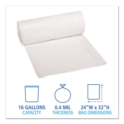 24x32 Boardwalk Low-Density Waste Can Liners, 16 gal, 0.4 mil, White, Perforated Roll, 500/cs
