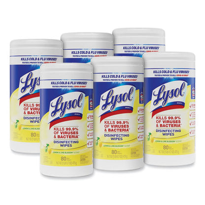 7x7.25 LYSOL Disinfecting Wipes, 1-Ply, Lemon and Lime Blossom, White, 80 Wipes/Canister, 6 Canisters/ct