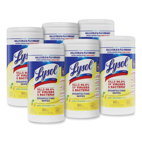7x7.25 LYSOL Disinfecting Wipes, 1-Ply, Lemon and Lime Blossom, White, 80 Wipes/Canister, 6 Canisters/ct