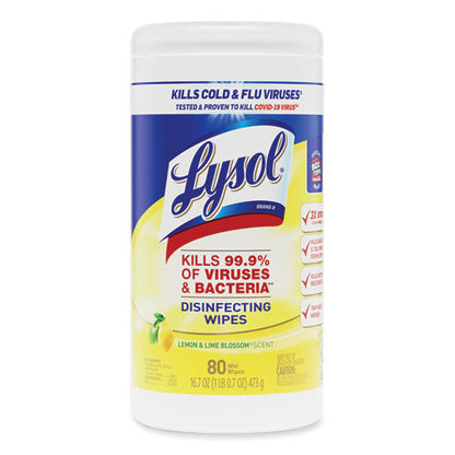 7x7.25 LYSOL Disinfecting Wipes, 1-Ply, Lemon and Lime Blossom, White, 80 Wipes/Canister, 6 Canisters/ct