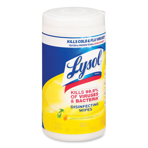 7x7.25 LYSOL Disinfecting Wipes, 1-Ply, Lemon and Lime Blossom, White, 80 Wipes/Canister, 6 Canisters/ct