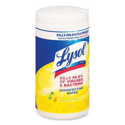 7x7.25 LYSOL Disinfecting Wipes, 1-Ply, Lemon and Lime Blossom, White, 80 Wipes/Canister, 6 Canisters/ct