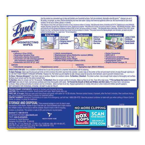 7x7.25 LYSOL Disinfecting Wipes, 1-Ply, Lemon and Lime Blossom, White, 80 Wipes/Canister, 6 Canisters/ct