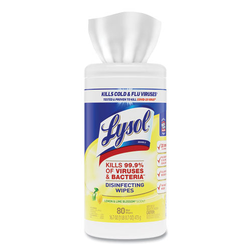 7x7.25 LYSOL Disinfecting Wipes, 1-Ply, Lemon and Lime Blossom, White, 80 Wipes/Canister, 6 Canisters/ct