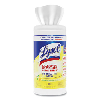 7x7.25 LYSOL Disinfecting Wipes, 1-Ply, Lemon and Lime Blossom, White, 80 Wipes/Canister, 6 Canisters/ct