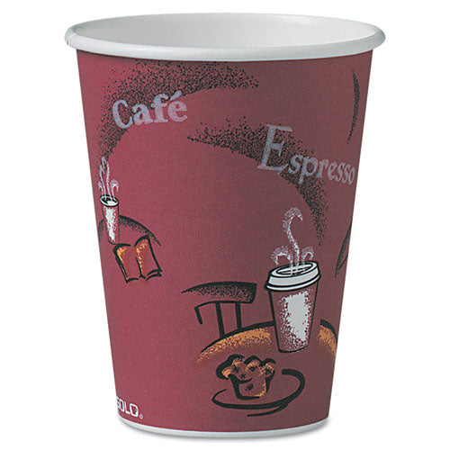 12oz SOLO Paper Hot Drink Cups in Bistro Design, Maroon, 300/ct