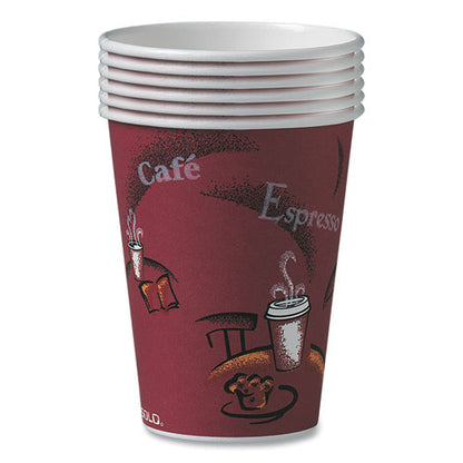 12oz SOLO Paper Hot Drink Cups in Bistro Design, Maroon, 300/ct