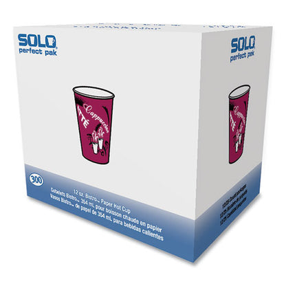 12oz SOLO Paper Hot Drink Cups in Bistro Design, Maroon, 300/ct