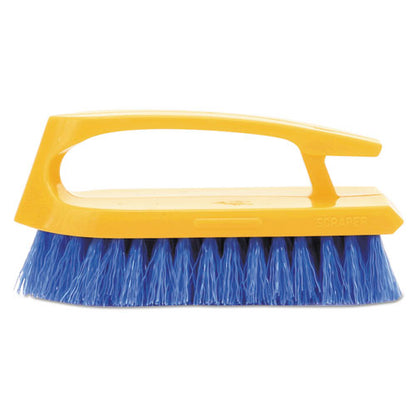 Iron-Shaped Handle Scrub Brush, Blue Polypropylene Bristles, 6" Brush, 6" Yellow Plastic Handle