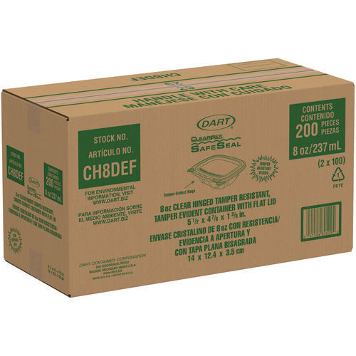 8oz Dart ClearPac SafeSeal Tamper-Resistant/Evident Containers, Flat Lid, 4.9x1.4x5.5, Plastic, 200/cs