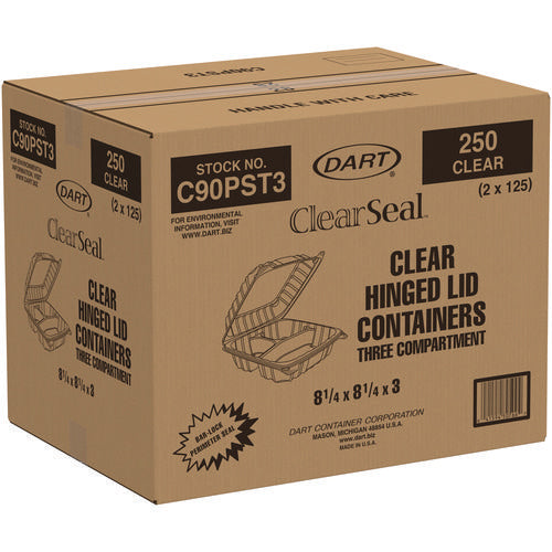 8.25x8.25x3 Dart ClearSeal Hinged-Lid Plastic Containers, Clear, 250/cs