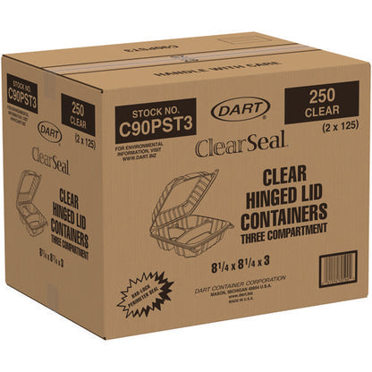 8.25x8.25x3 Dart ClearSeal Hinged-Lid Plastic Containers, Clear, 250/cs