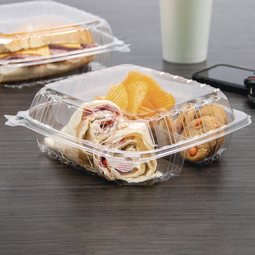 8.25x8.25x3 Dart ClearSeal Hinged-Lid Plastic Containers, Clear, 250/cs