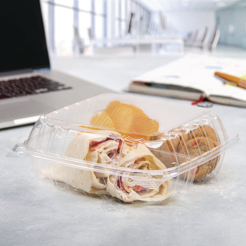 8.25x8.25x3 Dart ClearSeal Hinged-Lid Plastic Containers, Clear, 250/cs