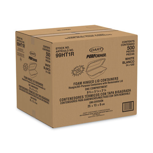 5x10x3 Dart Foam Hinged Lid Container, Hoagie Container, Removable Lid, 5.3x9.8x3.3, White, 500/cs