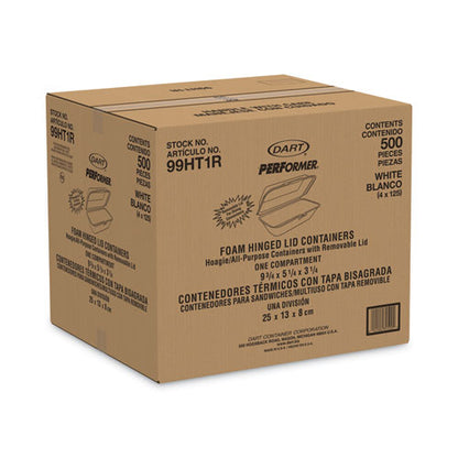 5x10x3 Dart Foam Hinged Lid Container, Hoagie Container, Removable Lid, 5.3x9.8x3.3, White, 500/cs