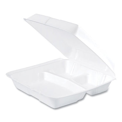 9.25x9.5x3 Dart Foam Hinged Containers, 3 Compartment, White, 200/cs