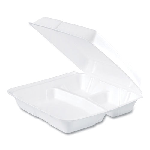 9.25x9.5x3 Dart Foam Hinged Containers, 3 Compartment, White, 200/cs
