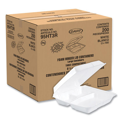 9.25x9.5x3 Dart Foam Hinged Containers, 3 Compartment, White, 200/cs