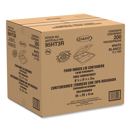 9.25x9.5x3 Dart Foam Hinged Containers, 3 Compartment, White, 200/cs