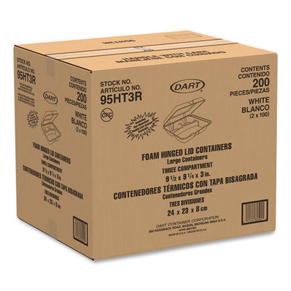 9.25x9.5x3 Dart Foam Hinged Containers, 3 Compartment, White, 200/cs