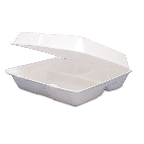 9.25x9.5x3 Dart Foam Hinged Containers, 3 Compartment, White, 200/cs