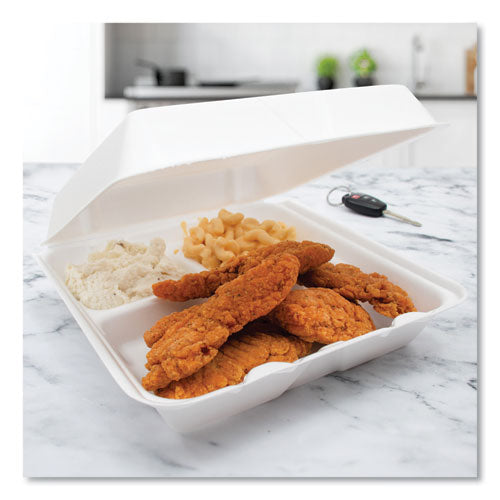 9.25x9.5x3 Dart Foam Hinged Containers, 3 Compartment, White, 200/cs