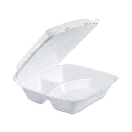9x9.4x3 Dart Foam Hinged Lid Container, 3-Compartment, 8oz, White, 200/cs