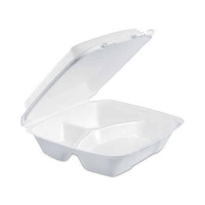 9x9.4x3 Dart Foam Hinged Lid Container, 3-Compartment, 8oz, White, 200/cs