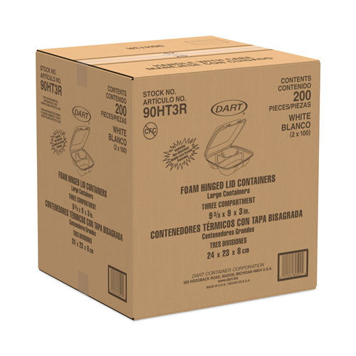 9x9.4x3 Dart Foam Hinged Lid Container, 3-Compartment, 8oz, White, 200/cs
