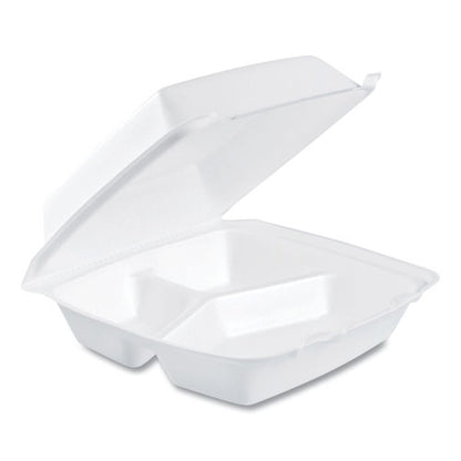 8x8 3 Compartment DART Foam Hinged Containers, 8.38x7.78x3.25 , white, 200/cs