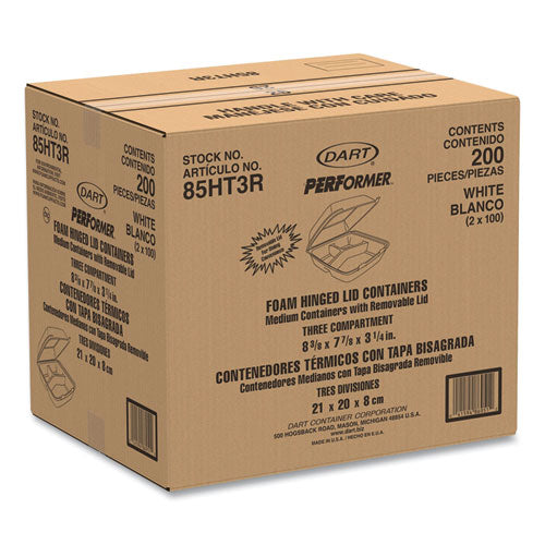 8x8 3 Compartment DART Foam Hinged Containers, 8.38x7.78x3.25 , white, 200/cs